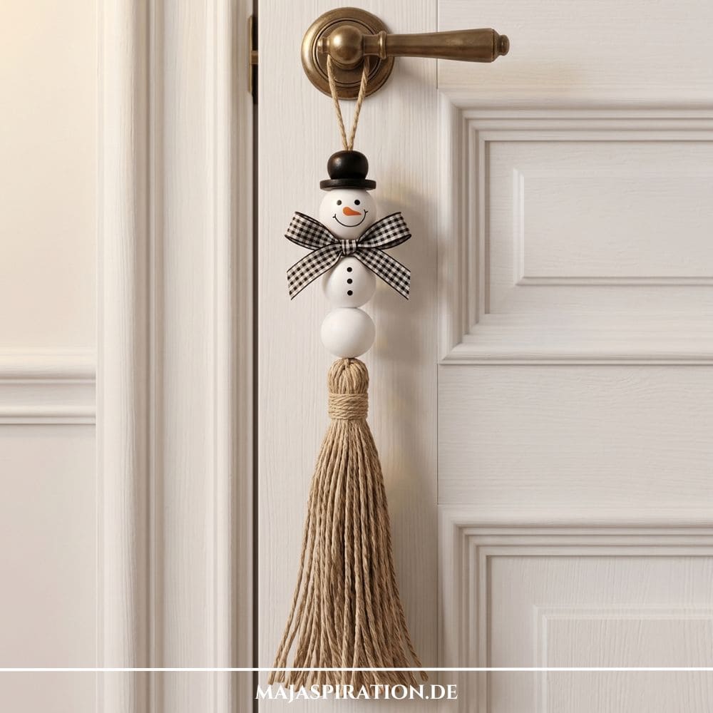 Selbstgemachter Schneemann-Anh&auml;nger aus Holzperlen mit langer Jute-Quaste und karierter Schleife an einer wei&szlig;en Zimmert&uuml;r.