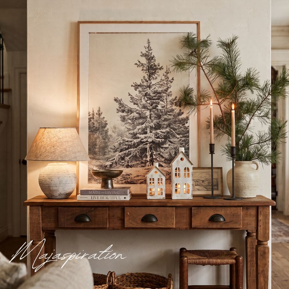 Rustikaler Holzkonsolentisch mit gro&szlig;em gerahmten Tannenbaum-Kunstdruck, leuchtenden wei&szlig;en Lichth&auml;usern, Kiefernzweigen im Keramikkrug, schlanken Stabkerzen und einer Tischlampe.