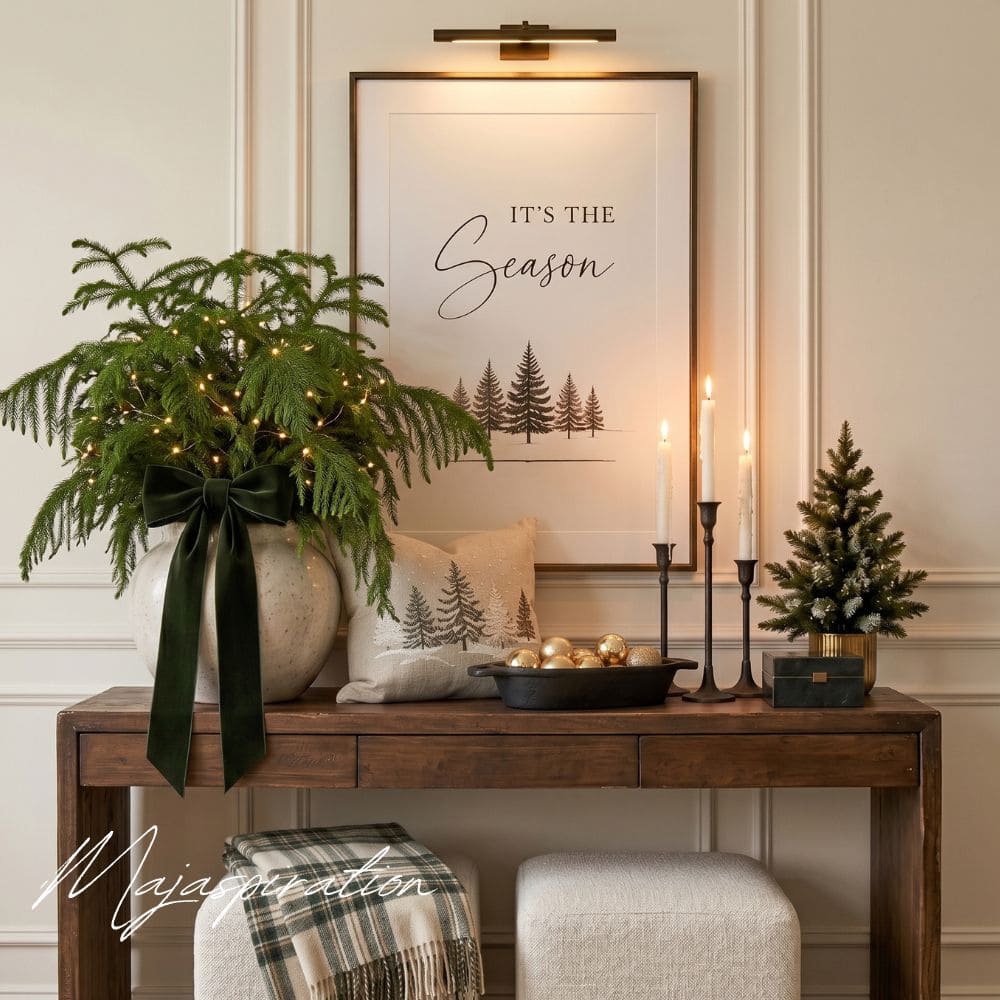 Edle Weihnachtsdeko auf einem Holzkonsolentisch mit beleuchtetem Tannengr&uuml;n und gr&uuml;ner Samtschleife in einer hellen Vase, gerahmtem &bdquo;It's the Season&ldquo;-Poster, Kerzenst&auml;ndern und goldener Kugel-Schale.