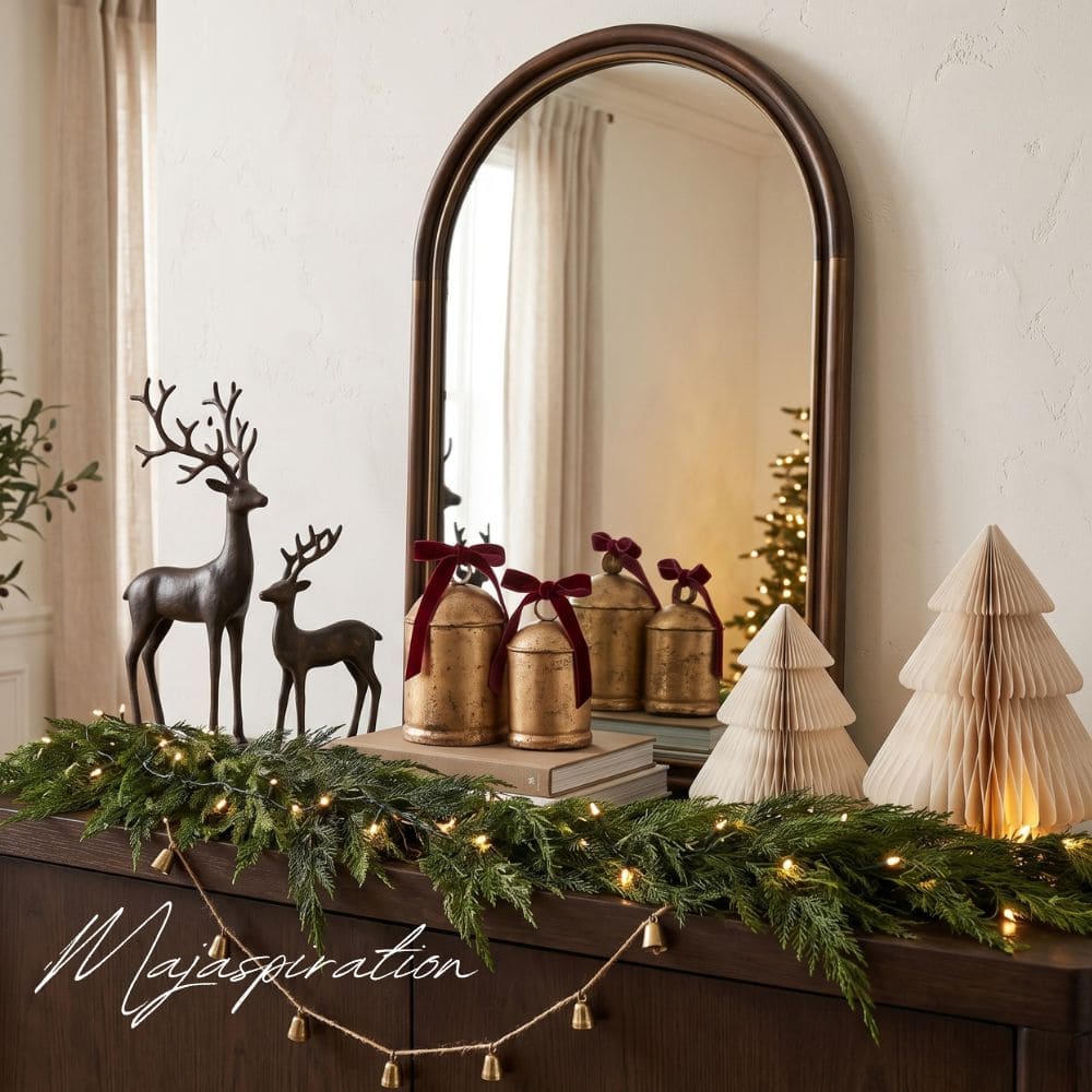 Weihnachtlich dekorierter Konsolentisch mit beleuchteter Tannengirlande, zwei dunklen Hirschfiguren, goldenen Glocken mit roten Samtschleifen auf B&uuml;chern und cremefarbenen Papier-Tannenb&auml;umen vor einem Bogenspiegel.