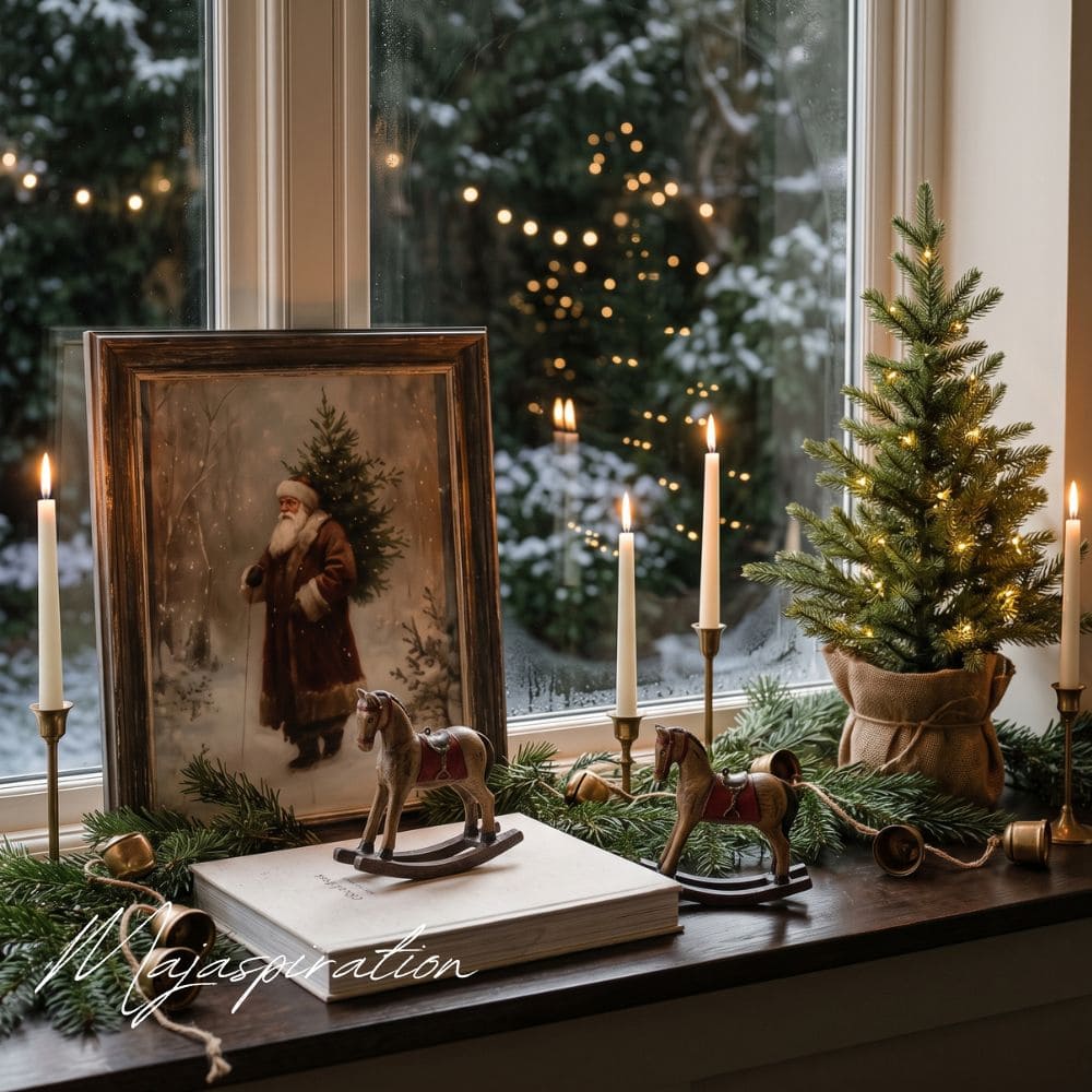 Festlich dekorierte Fensterbank mit nostalgischem Weihnachtsmann-Gem&auml;lde im Holzrahmen, kleinen Holz-Schaukelpferden, Messingkerzenst&auml;ndern, Tannengr&uuml;n und einem beleuchteten Mini-Tannenbaum im Jutesack vor einem verschneiten Fenster.