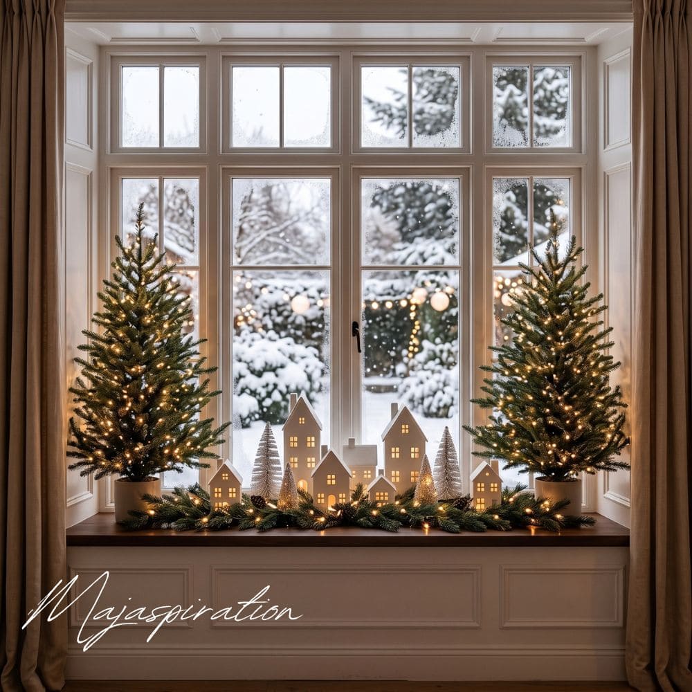 Symmetrisch dekorierte Fensterbank zur Weihnachtszeit mit zwei beleuchteten Mini-Tannenb&auml;umen, einer Tannengirlande und einem warm leuchtenden wei&szlig;en Miniatur-H&auml;userdorf vor schneebedecktem Fenster.