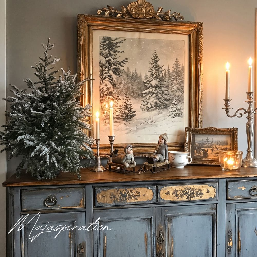Festlich dekorierter blauer Vintage-Konsolentisch mit gro&szlig;em Goldrahmen-Gem&auml;lde einer verschneiten Winterlandschaft, Mini-Tannenbaum, nostalgischen Schlittenfiguren und warmem Kerzenschein.