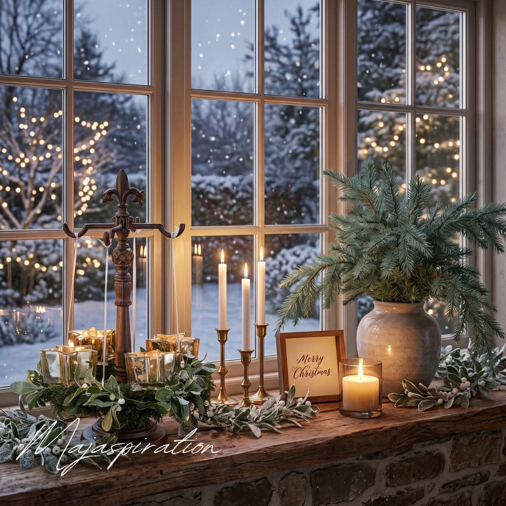 Gem&uuml;tlich dekorierte rustikale Holzfensterbank zur Weihnachtszeit mit Tannenzweigen in einer Steingutvase, brennenden Stab- und Teelichtkerzen, Mistelzweig-Girlande und einem kleinen Merry-Christmas-Bilderrahmen vor verschneiten Fenstern.