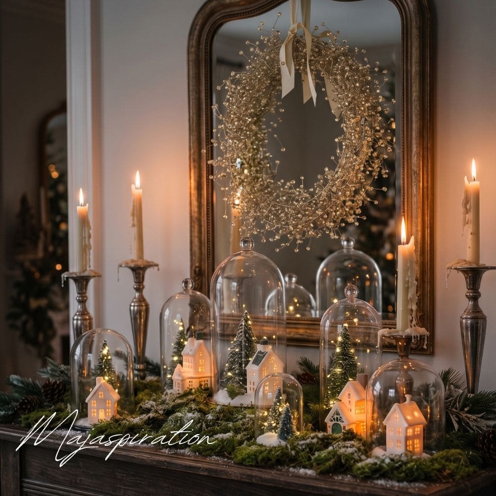 Weihnachtlich dekorierter Konsolentisch mit einem Miniatur-Winterdorf unter Glasglocken auf Moos, beleuchteten H&auml;uschen, silbernen Kerzenleuchtern und einem glitzernden Kranz am Wandspiegel.