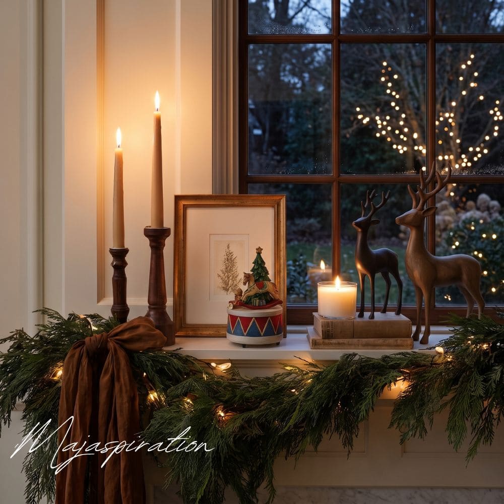 Stilvoll dekorierte Fensterbank zu Weihnachten mit Tannengirlande, Lichterkette, warmen Stabkerzen in dunklen Holzst&auml;ndern, Holz-Rentieren und einer verspielten Spieluhr vor dunklem Fenster.