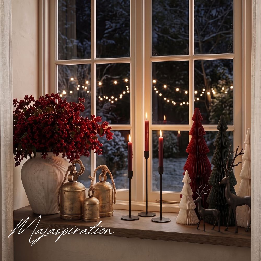 Festlich dekorierte Fensterbank vor verschneiter Kulisse mit matter Keramikvase voll roter Ilex-Beeren, Vintage-Messingglocken, dunklen Stabkerzen und plissierten Papierb&auml;umen in Bordeaux, Tannengr&uuml;n und Cremewei&szlig;.